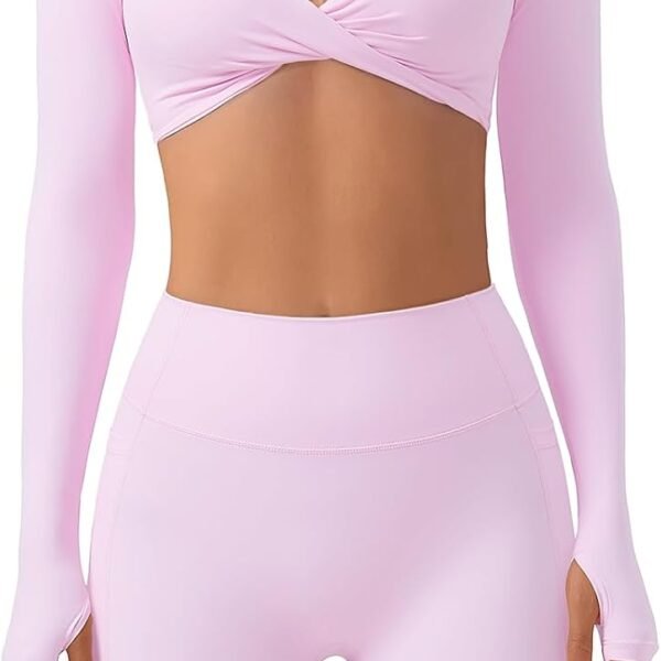 Women 2 Piece Workout Sets Long Sleeve Twist Deep V Crop Padded Tops Yoga Leggings with Side Pockets