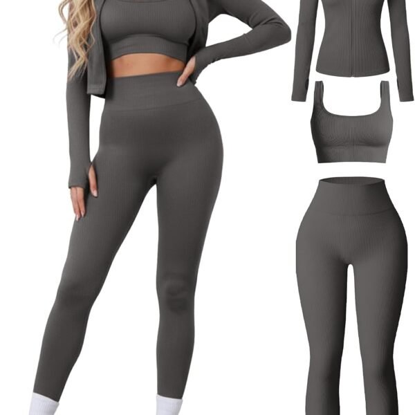 Women 3 Piece Seamless Workout Set Sports Bra High Waisted Gym Yoga Leggings Zip Up Jacket with Thumbhole Activewear