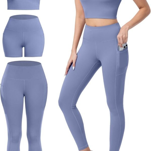 3 Piece Workout Sets for Women High Waisted Leggings with Pockets Tummy Control Biker Shorts Yoga Sports Bra