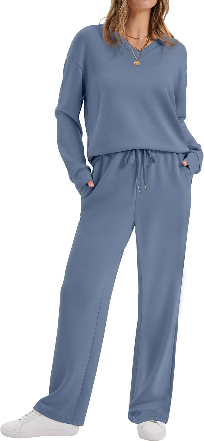 Lounge Sets for Women 2026 V Neck 2 Piece Outfits Airport Wide Leg Pants Matching Set Sweatsuits - Image 2