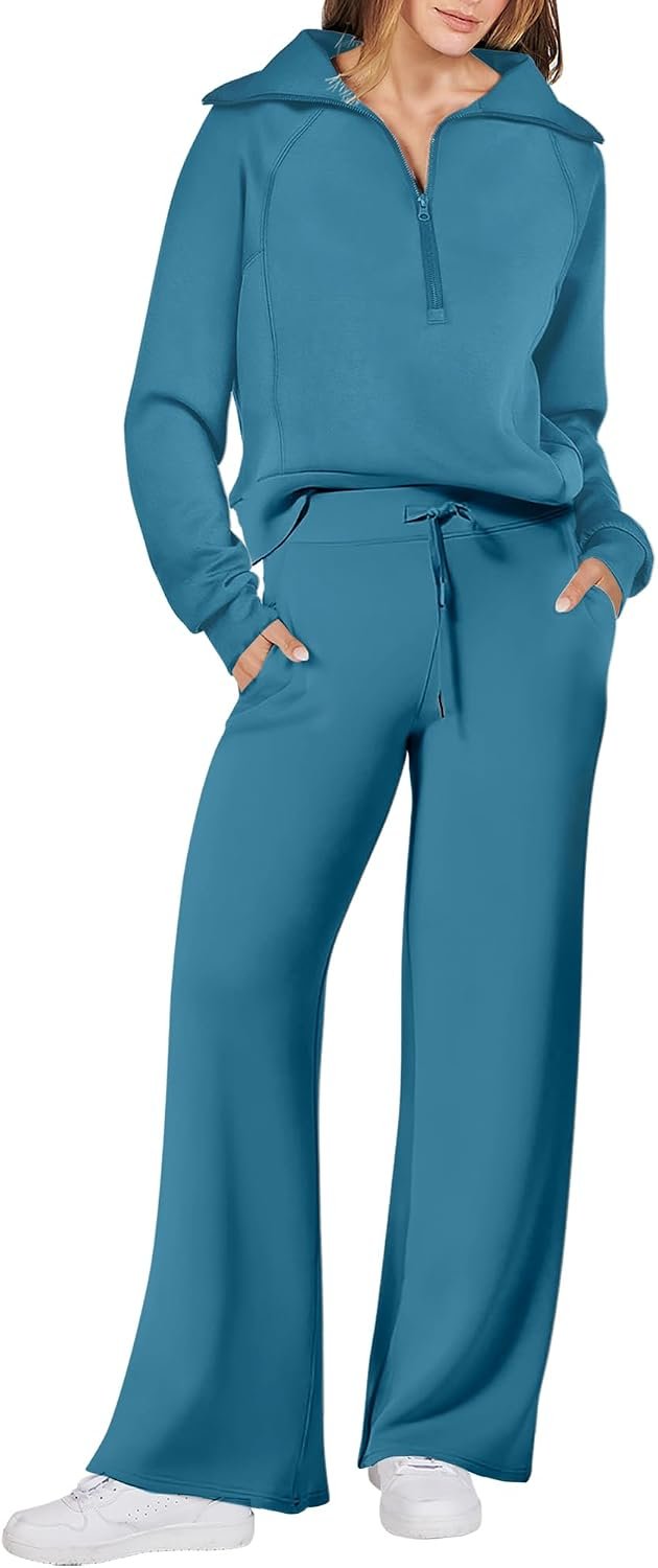 Women 2 Piece Outfits 2026 Fall Fashion Airport Wide Leg Pants Lounge Set Leisure Travel Vacation Clothes Sweatsuits