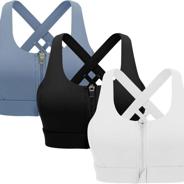 Zipper in Front Sports Bra High Impact Strappy Back Support Workout Top