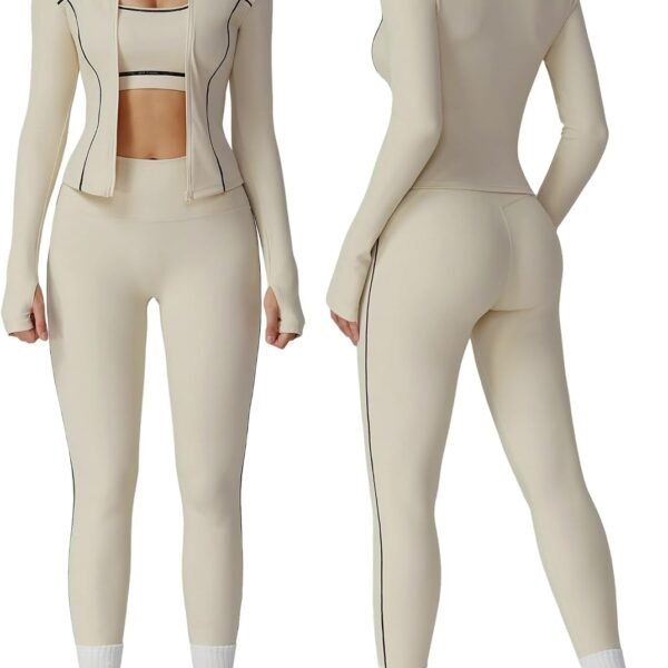 Womens workout sets Contrast Long Sleeve Jacket with Sports Bra and Butt-lifting Pants Yoga Outfits 3 Pieces Set