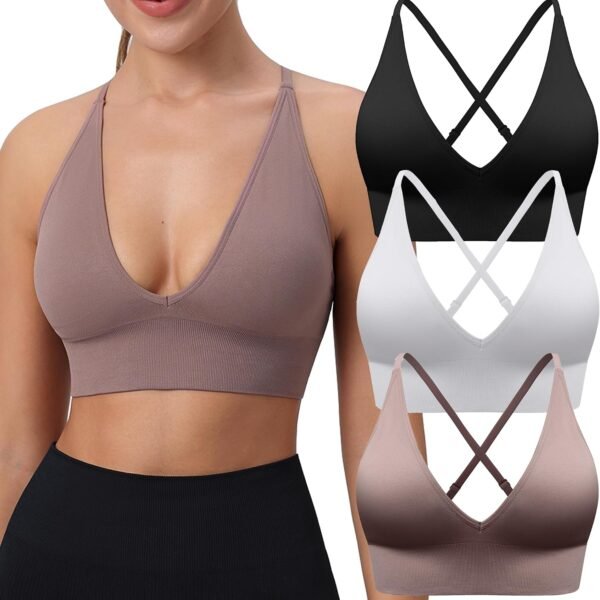 Women's Sports Bras Adjustable Deep V Neck Bras Wireless Spaghetti Strap Criss Cross Padded Low Support Sexy Bras