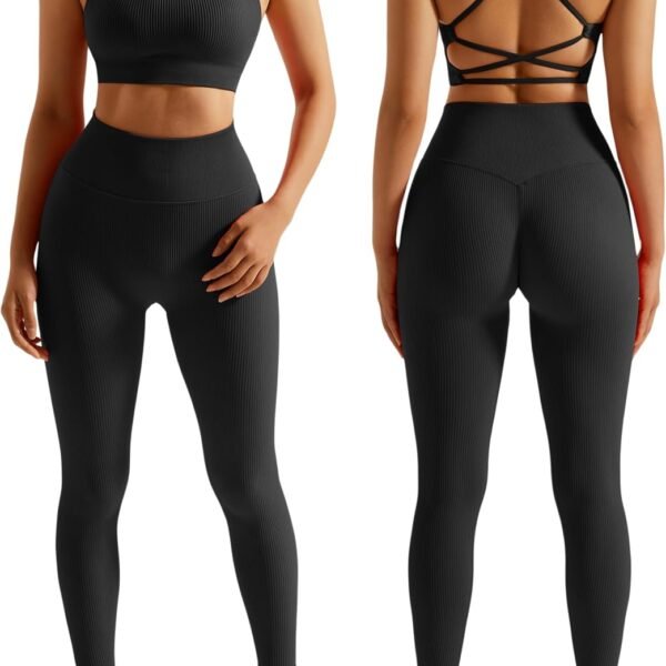 Ribbed Workout Sets for Women 2 Piece Backless Strappy Sports Bra Seamless Leggings Matching Set Yoga Outfits