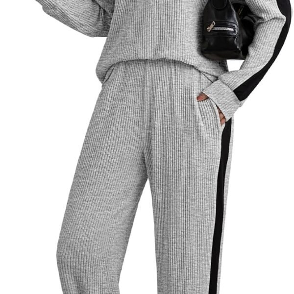 Womens 2 Piece Lounge Sets 2026 Fall Outfits Henley Neck Ribbed Striped Sweatsuits Matching Set
