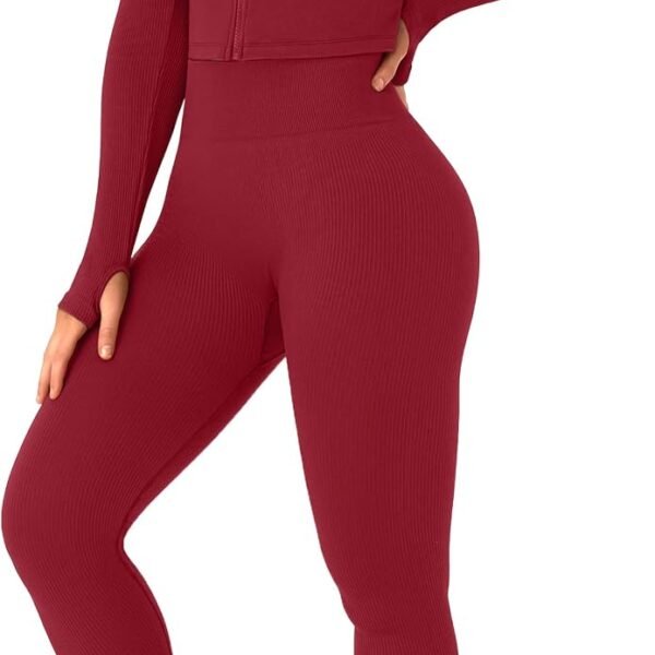 Womens Workout Sets 2 Piece Seamless Ribbed Long Sleeve Yoga Outfits High Waist Leggings Zipper Jacket Thumb Hole Gym
