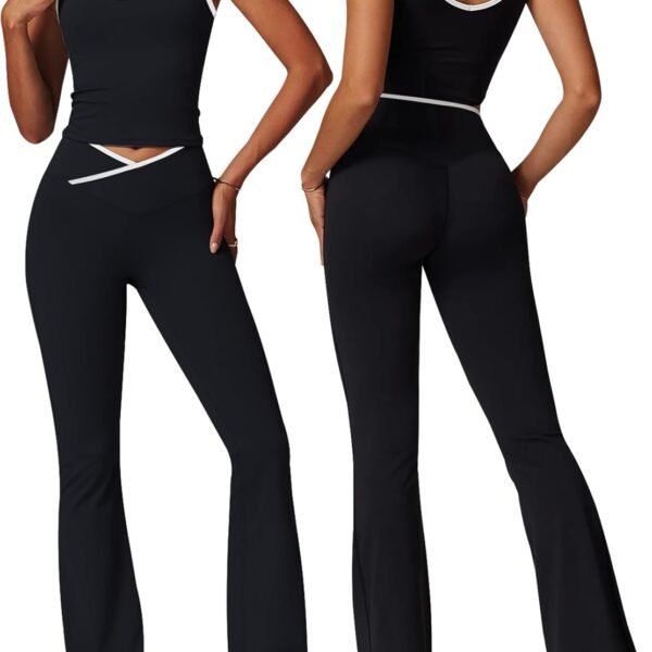 Womens Workout Sets 2 Piece Gym Yoga Outfits Crossover Flare Leggings Crop Tank Top with Contrast Trim
