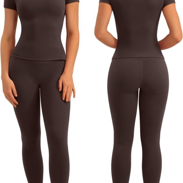 Womens Two Piece Workout Sets Slim Fit Short Sleeve Shirt High Waist Leggings Yoga Outfits Matching Gym Set