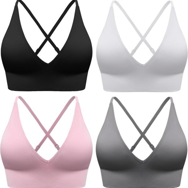 Women's Sports Bras Adjustable Deep V Neck Bras Wireless Spaghetti Strap Criss Cross Padded Low Support Sexy Bras