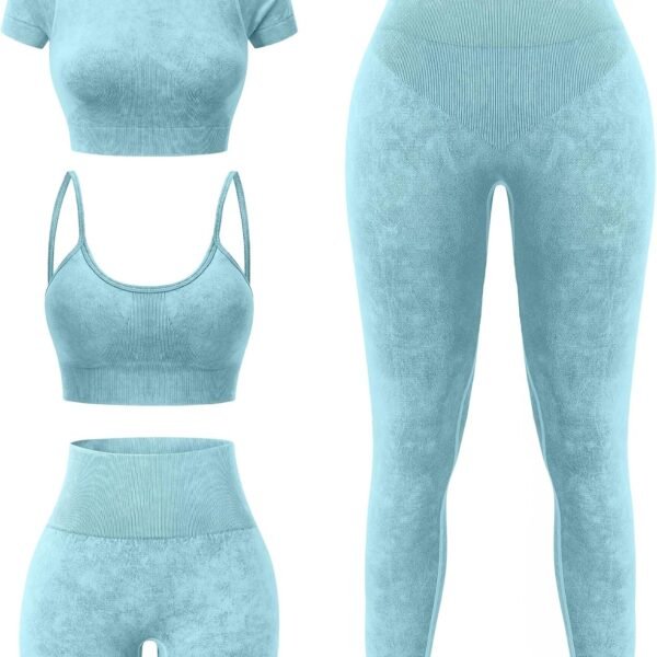 Women's 4 Piece Workout Sets Seamless Acid Wash Tops Sports Bra High Waist Shorts Leggings Active Set