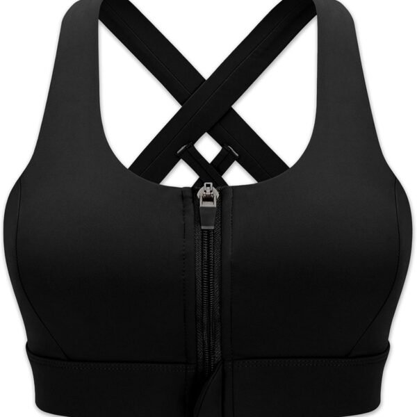 Zipper in Front Sports Bra High Impact Strappy Back Support Workout Top
